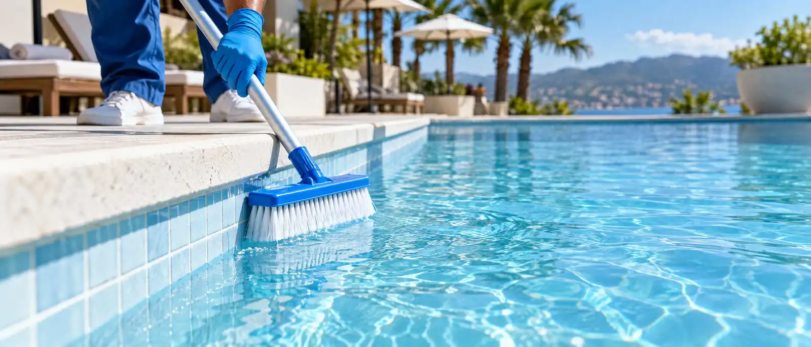 Technician brushing algae from pool walls in Toorak